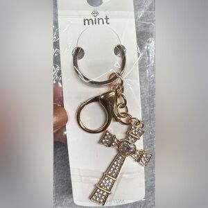 NWT Elegant Gold Cross Bag Charm / Keychain with Crystal Accents